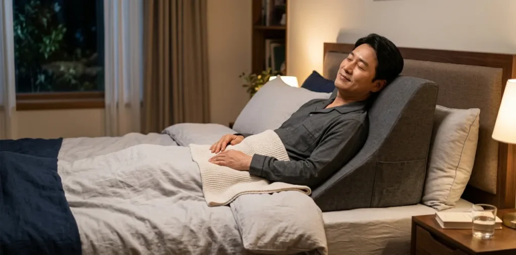 수면 중 상체 15도 높이기 유지를 돕는 전용 역류 방지 베개를 편안히 벤 모습