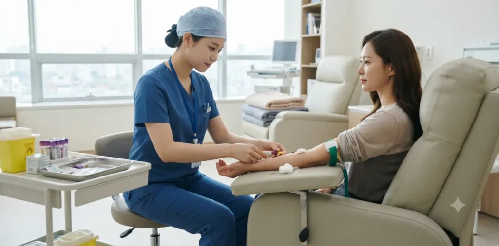 혈액 암 검사, 암검진 패키지 비용과 종양표지자 검사 가이드 3 채혈실에 편안하게 앉아 종양표지자 검사 진행을 위해 피를 뽑고 있는 장면
