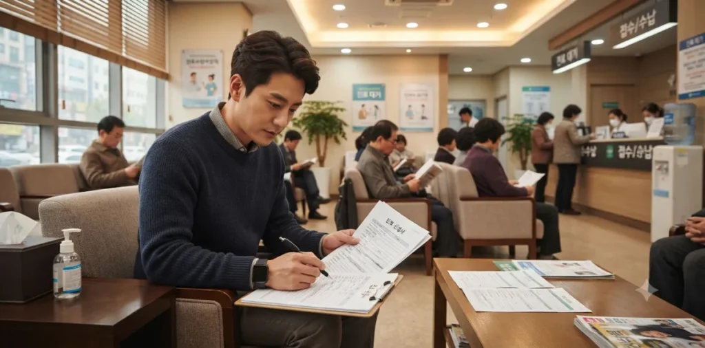혈액 암 검사, 암검진 패키지 비용과 종양표지자 검사 가이드 4 병원 대기실 소파에 앉아 피검사 암 확인 문진표를 진지하게 작성하는 모습
