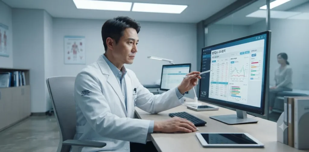 혈액 암 검사, 암검진 패키지 비용과 종양표지자 검사 가이드 5 진료실 모니터를 통해 환자의 대장암 관련 CEA 수치 결과를 분석하는 모습
