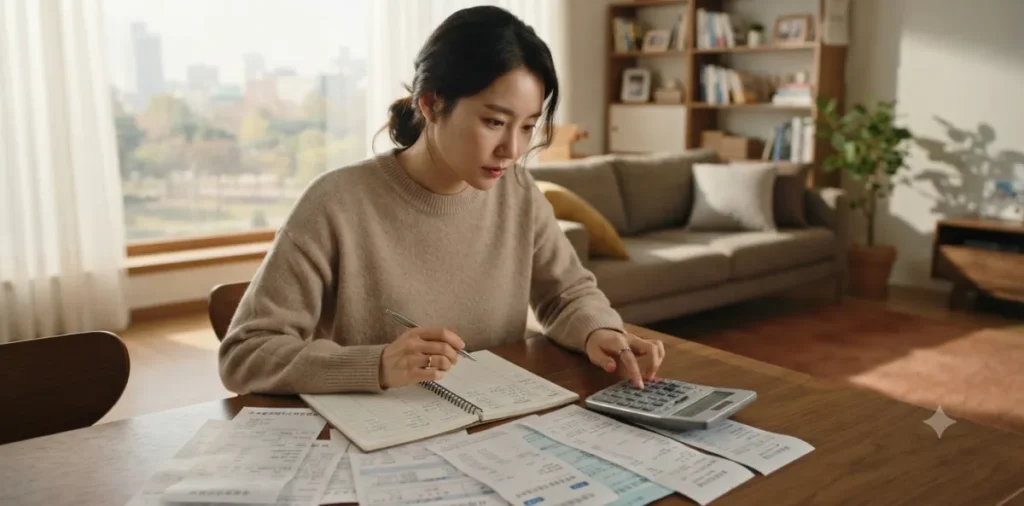 혈액 암 검사, 암검진 패키지 비용과 종양표지자 검사 가이드 6 거실 테이블에 앉아 영수증을 보며 암검진 패키지 비용 내역을 계산하는 장면