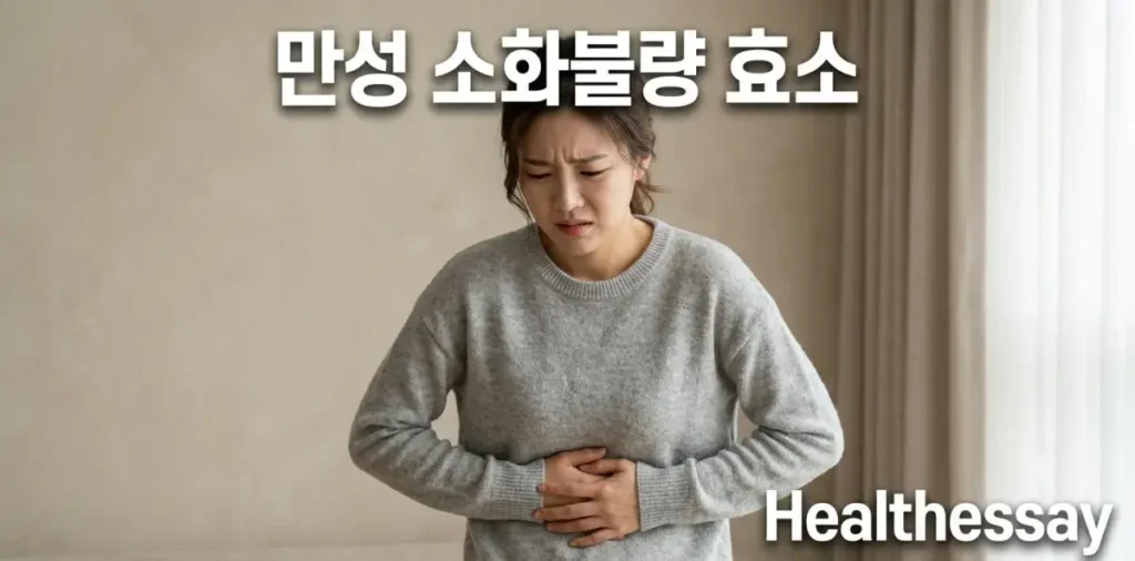 잦은 만성 소화불량 더부룩함 증상 때문에 가슴을 부여잡고 힘들어하는 모습