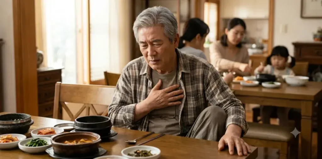 나잇살 소화불량 원인 때문에 식탁에 앉아 가슴을 치며 매우 답답해하는 모습
