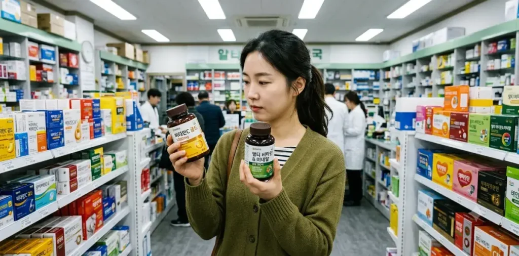 올바른 소화효소 고르는 법 확인을 위해 두 개의 영양제 성분을 비교하는 모습