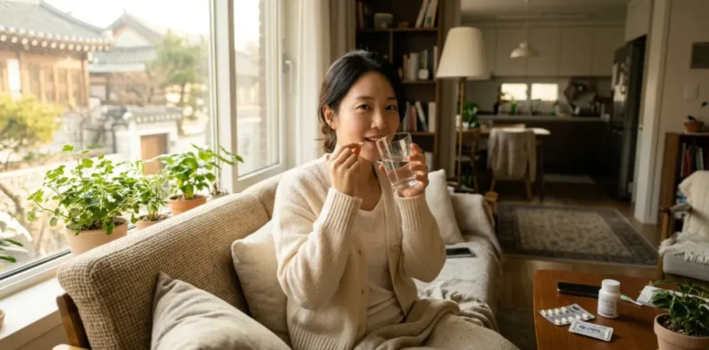 밥먹고 더부룩할때 해결법 중 하나로 물과 함께 알약 소화효소를 삼키는 모습