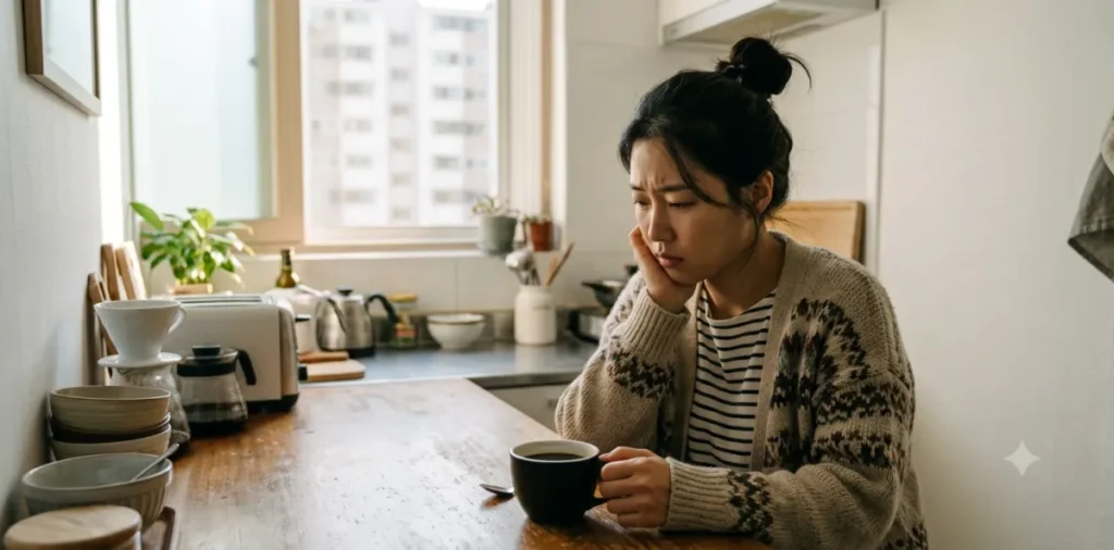 역류성 식도염 디카페인 커피 팩트체크와 위염 대체 음료 4 아침 공복 커피 위염 악화를 걱정하며 머그잔을 내려다보며 고민하는 모습