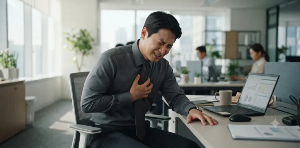 작장에서 업무를 보던 중 갑작스럽게 생긴 왼쪽 가슴 찌릿 통증 증상에 놀란 모습