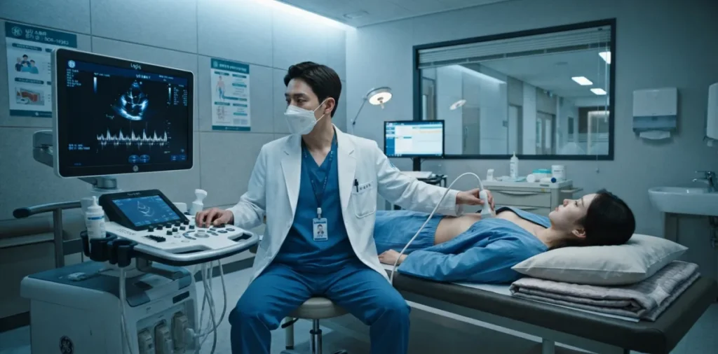 전문의가 부정맥 심장 초음파 기기를 환자의 가슴에 대고 진찰을 하는 모습