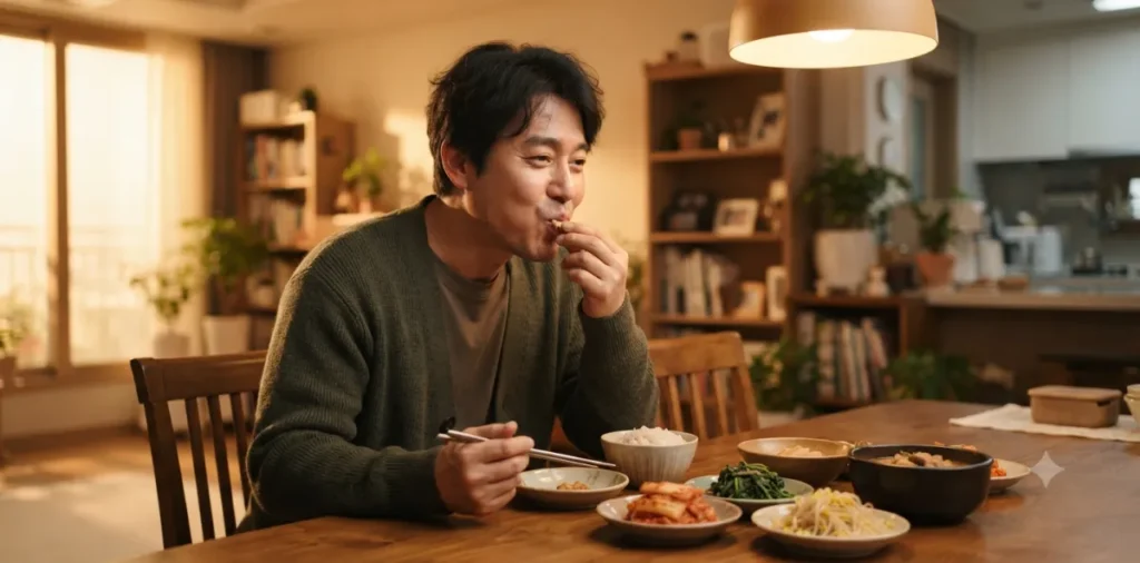 만성 표재성 위염 관리를 위해 식탁에 앉아 음식을 꼭꼭 씹어 넘기는 남성