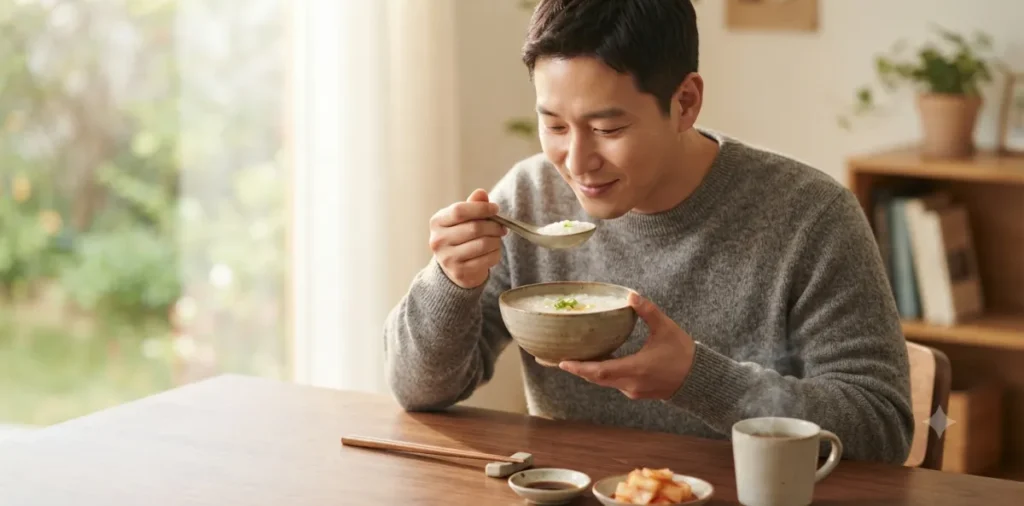 과민성 대장증후군 저포드맵 식단을 위해 따뜻하고 부드러운 흰죽을 먹는 남성
