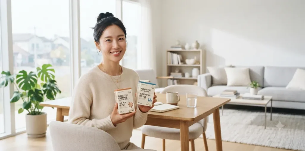 위장 질환 맞춤 식단과 함께 소화효소와 장내 유산균 제품들을 챙겨보는 여성