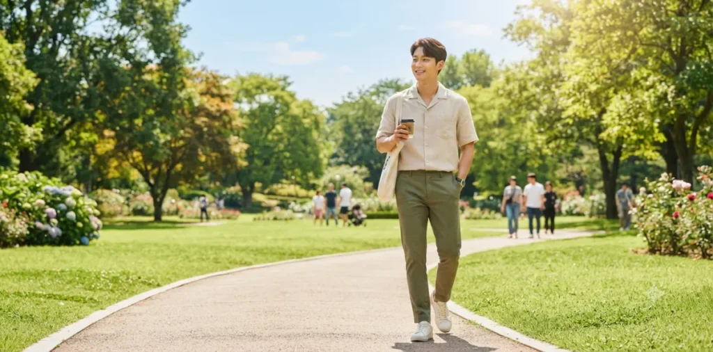 내시경 후 위장 리셋을 돕기 위해 맑은 공기를 마시며 공원 주변을 걷는 남성