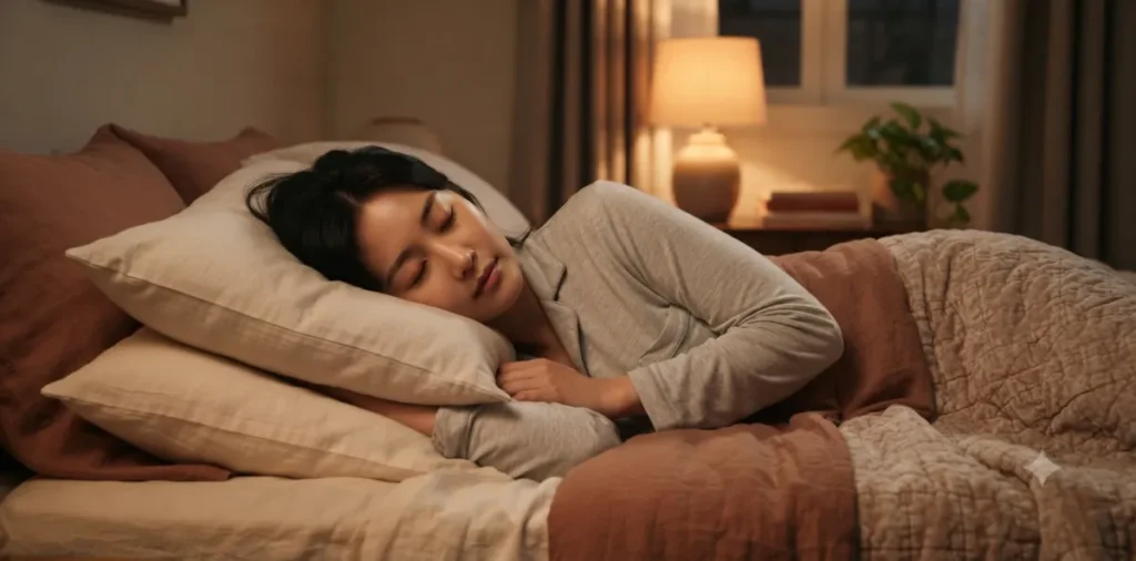 역류성 식도염 수면 자세 교정으로 상체를 살짝 높이고 왼쪽으로 누워 자는 여성