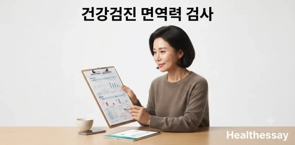 건강검진 면역력 검사, NK세포와 알레르기 검사 비용과 효율성 2 병원 상담실에서 진료 기록지를 보며 본인의 면역 상태를 진지하게 확인하는 여성