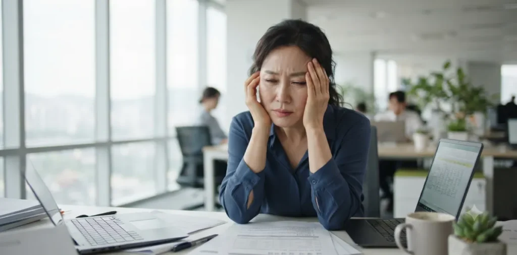 건강검진 면역력 검사, NK세포와 알레르기 검사 비용과 효율성 3 업무가 과중한 사무실 책상에 앉아 턱을 괴고 피로감을 느끼며 지쳐 있는 여성의 모습