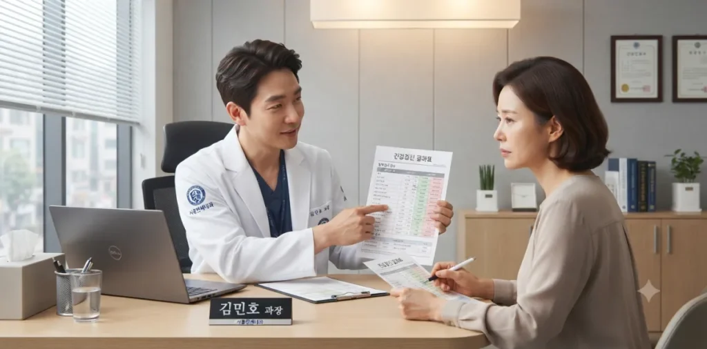 건강검진 면역력 검사, NK세포와 알레르기 검사 비용과 효율성 4 깔끔한 진료실에서 환자에게 추가 검사 항목에 대해 상세히 설명을 듣고 있는 여성