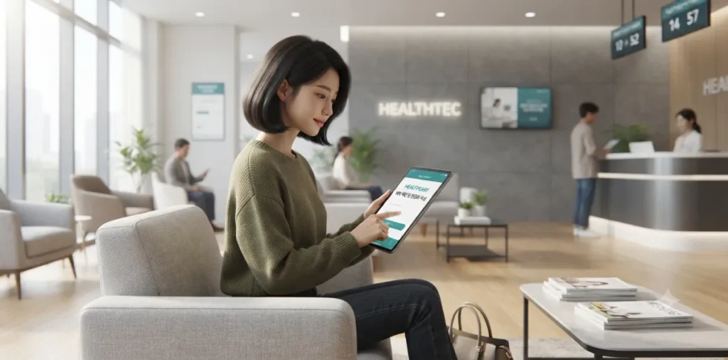 건강검진 면역력 검사, NK세포와 알레르기 검사 비용과 효율성 5 대기실에 앉아 태블릿 피시로 병원 검사 내용을 확인하며 자신의 차례를 기다리는 여성