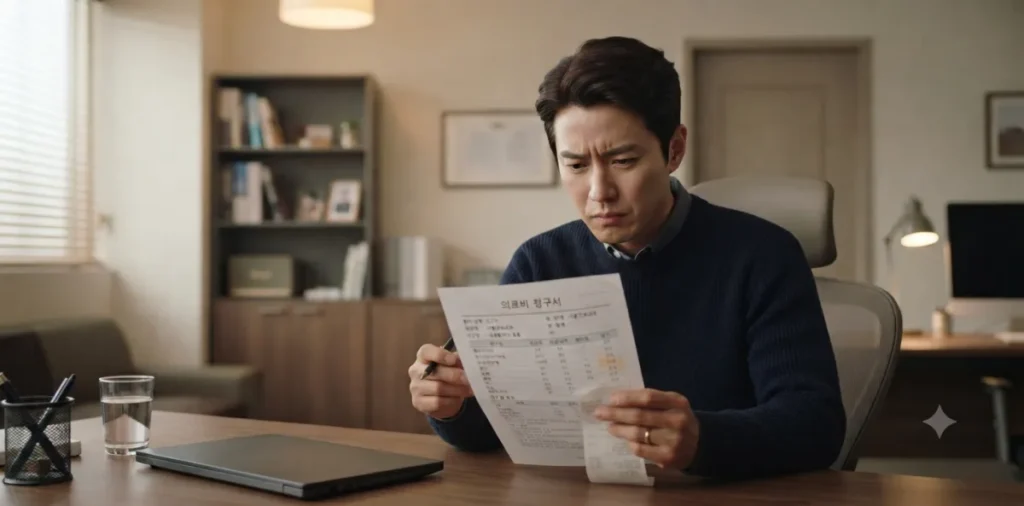 건강검진 면역력 검사, NK세포와 알레르기 검사 비용과 효율성 7 책상 위에 놓인 보험 서류를 꼼꼼하게 검토하며 실비 청구 서류를 준비하는 남성의 모습