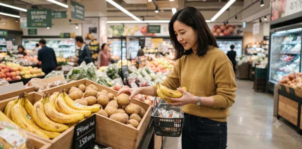 과민성 대장증후군 저포드맵 식단, 2주 가스형 실전 식단표 6 배에 가스 빼는 법 실천에 유리하고 소화가 편한 바나나를 아주 신중히 고르는 모습