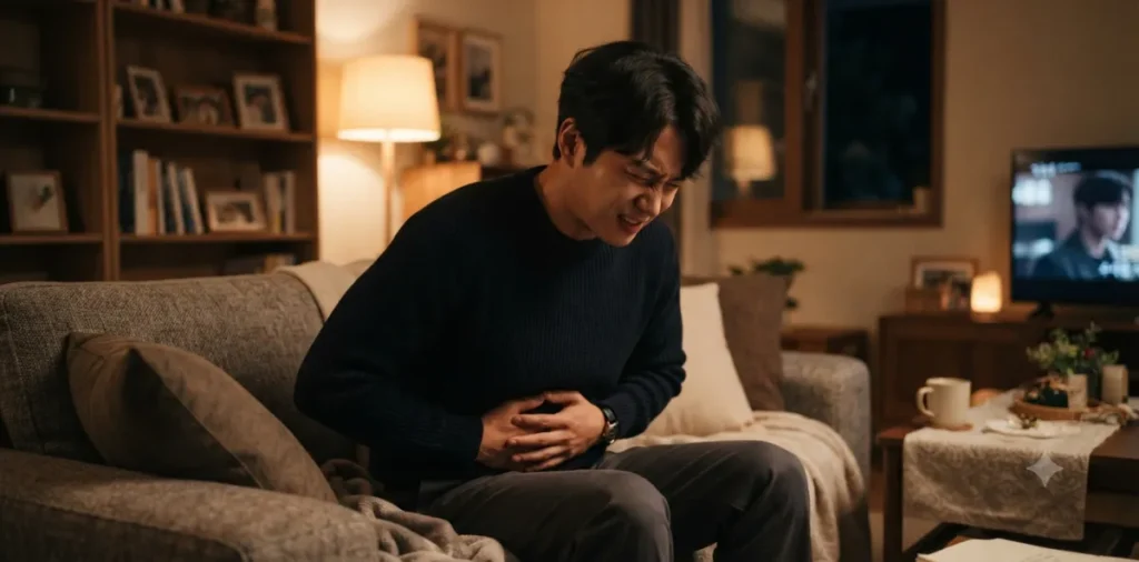 과민성 대장증후군 저포드맵 식단, 2주 가스형 실전 식단표 3 과민성 대장증후군 가스형 탓에 심한 팽만감으로 늘 고통스러워하며 배를 움켜쥔 모습
