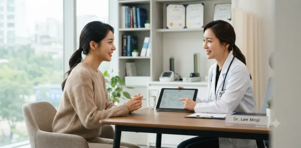 비흡연자 여성 폐암 원인과 증상을 알아보고자 담당 의사와 깊이 상담하는 장면