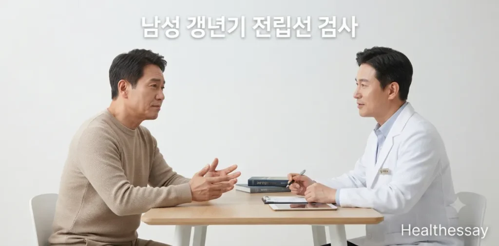 남성 건강검진 항목, 전립선 초음파와 갱년기 필수 검사 가이드 2 남성 건강검진 항목 구성을 위해 진료실에서 전문의와 상담을 진행하는 남성 장면