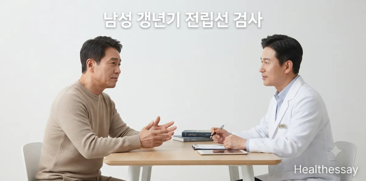 남성 건강검진 항목 구성을 위해 진료실에서 전문의와 상담을 진행하는 남성 장면