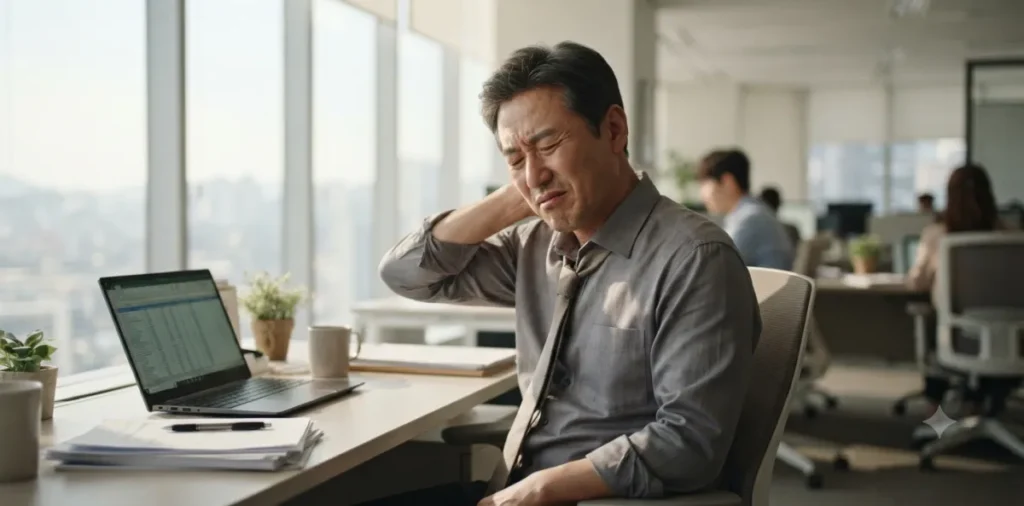 남성 건강검진 항목, 전립선 초음파와 갱년기 필수 검사 가이드 3 40대 남성 갱년기 증상으로 사무실에 앉아 피곤한 표정으로 뒷목을 주무르는 모습