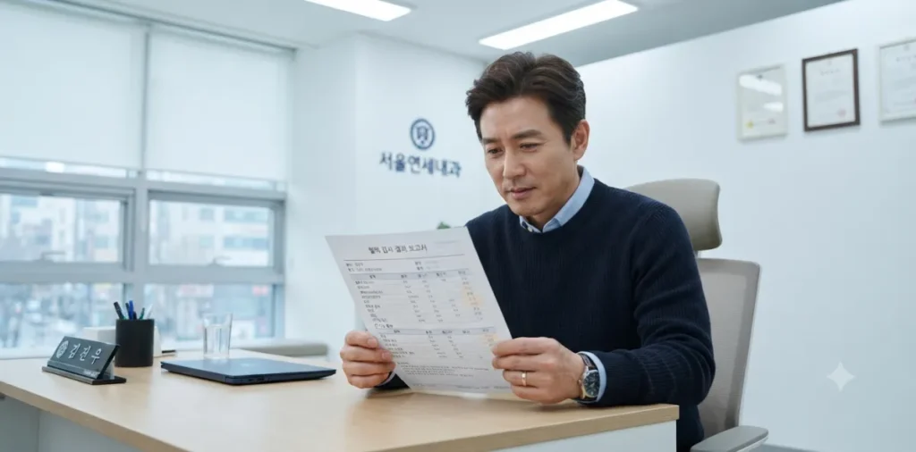 남성 건강검진 항목, 전립선 초음파와 갱년기 필수 검사 가이드 4 남성 호르몬 수치 저하 상태를 파악하기 위해 병원에서 피검사 결과지를 살피는 장면