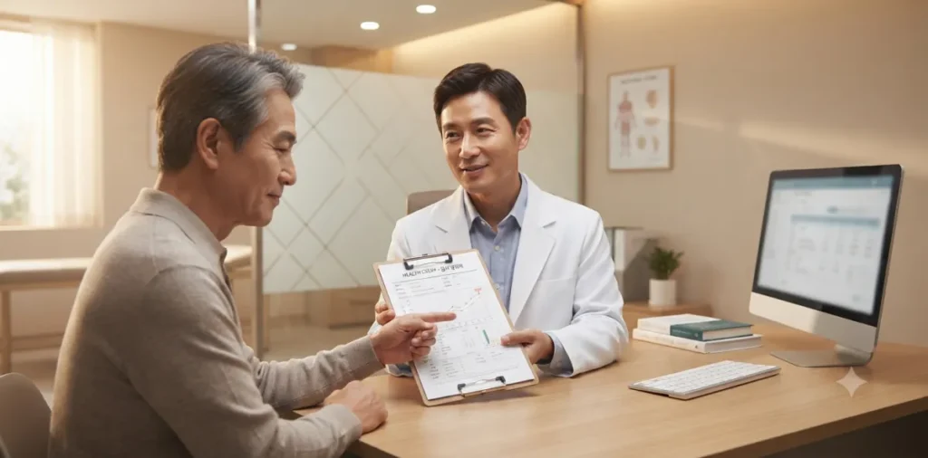 남성 건강검진 항목, 전립선 초음파와 갱년기 필수 검사 가이드 5 전립선 비대증 증상을 호소하는 환자에게 초음파 모니터를 가리키며 설명하는 모습