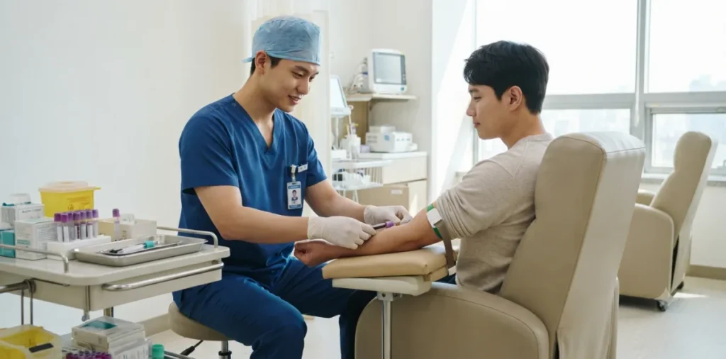남성 건강검진 항목, 전립선 초음파와 갱년기 필수 검사 가이드 6 전립선 특이항원 PSA 수치를 파악하기 위해 팔을 걷고 안전하게 채혈을 받는 장면