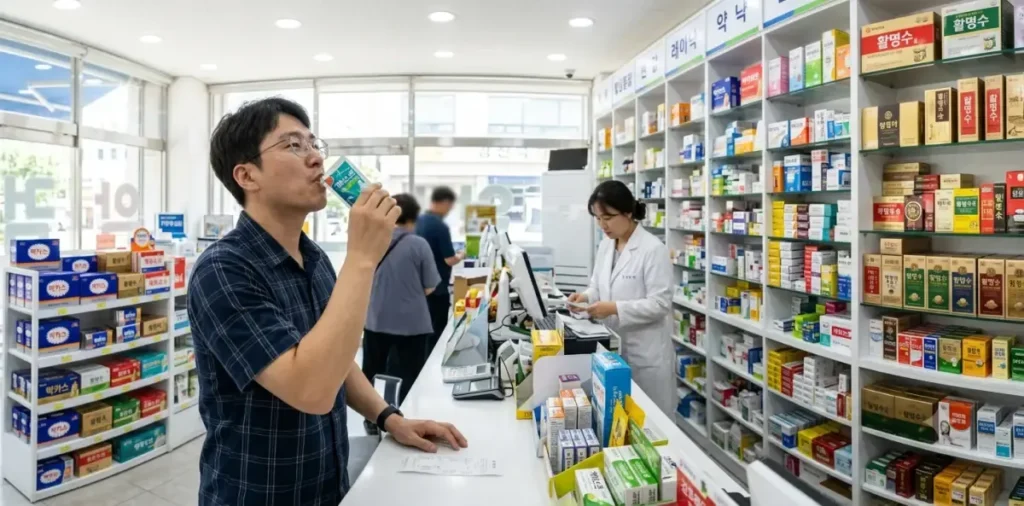 극심하게 속쓰릴때 겔포스 알마겔 같은 제산제를 빈속에 천천히 흡수시키며 먹는 모습