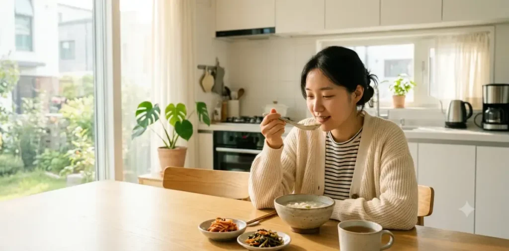 자극적인 음식 먹고 다음날 아침에 놀란 속을 달래줄 부드러운 미음을 먹는 모습