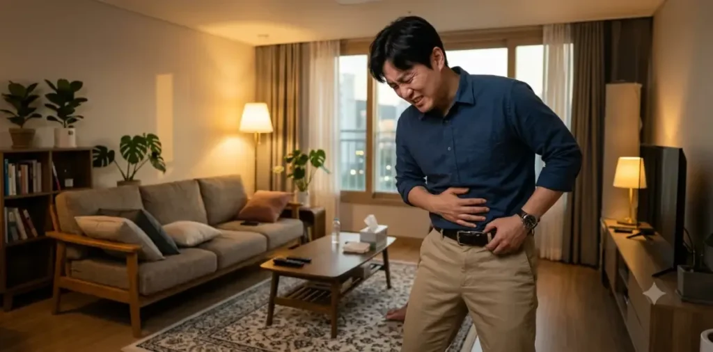 급성 위경련 응급처치 상황에서 답답한 바지 단추와 벨트를 서서히 풀어주는 모습