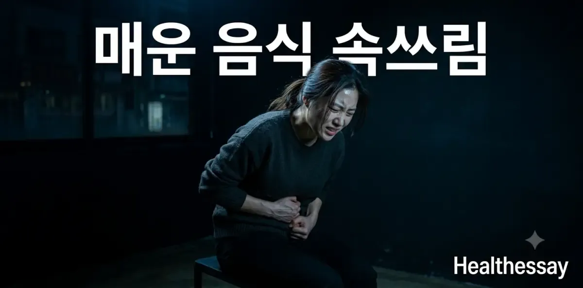 자극적인 야식으로 매운거 먹고 속쓰릴때 배를 꽉 부여잡고 몹시 아파하는 모습
