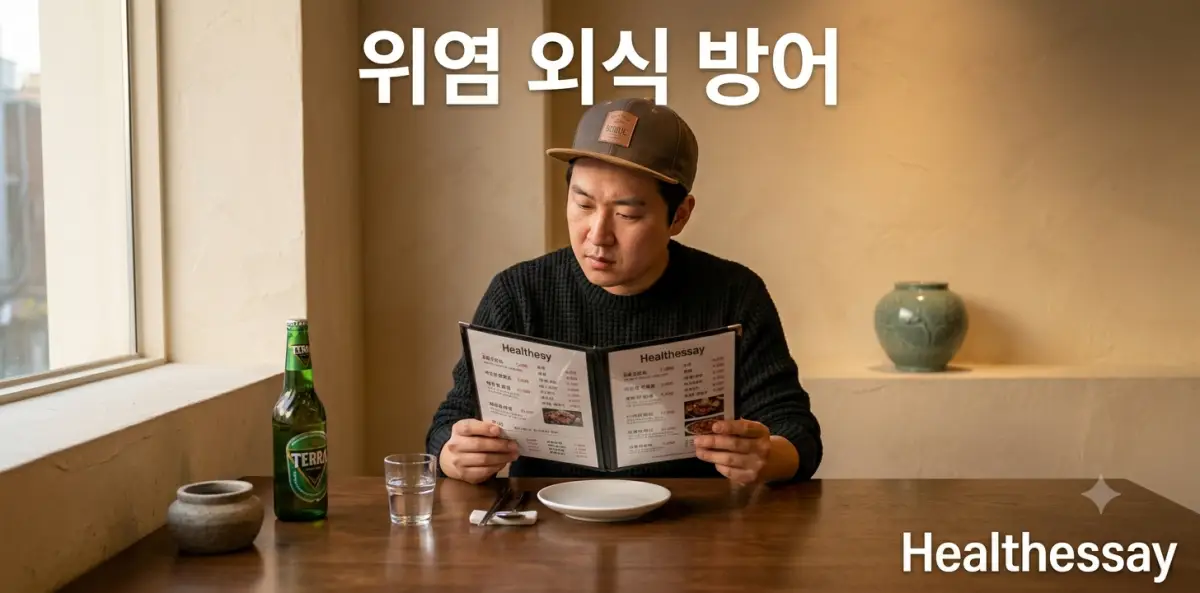 잦은 회식 자리에서 위염 속 편한 외식 메뉴를 꼼꼼히 살펴보는 모습