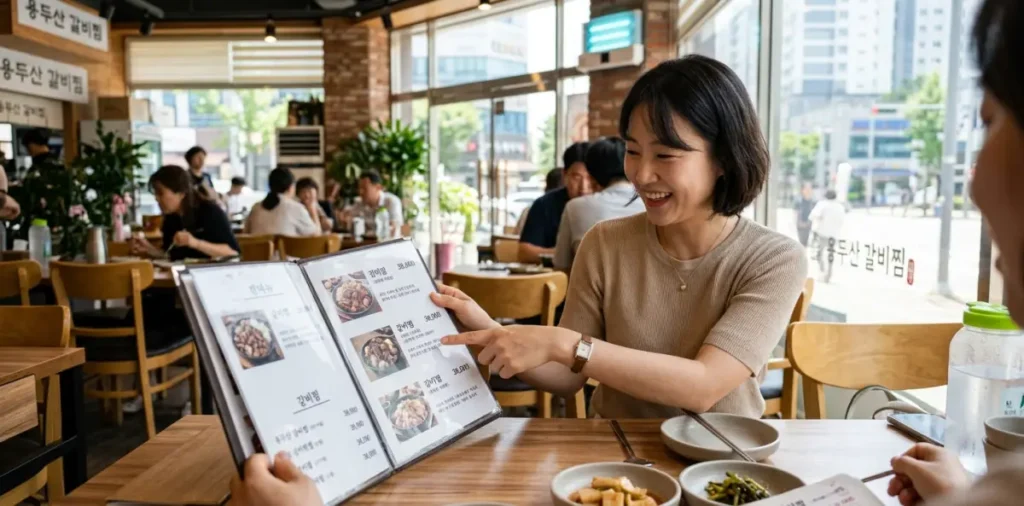 직장 점심시간에 자극적이지 않은 위장병 점심 메뉴 음식을 신중히 고르는 모습