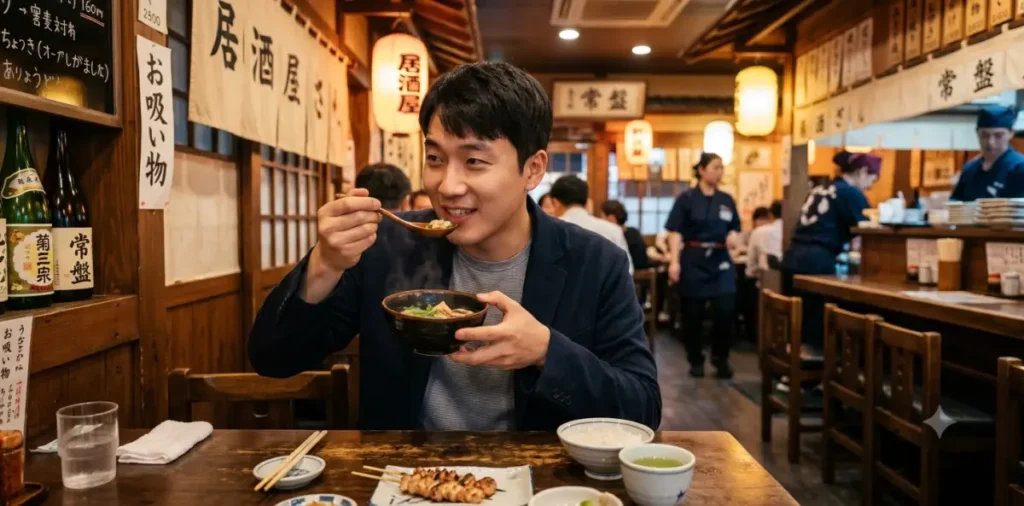 고깃집 위염 악화를 피하기 위해 기름진 고기 대신 맑은 국물을 먹는 모습
