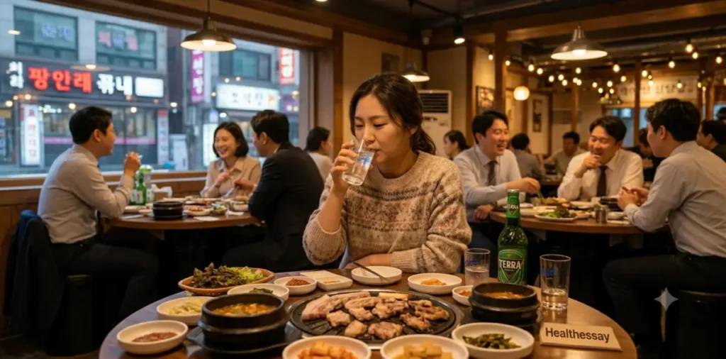 잦은 과민성 대장증후군 외식 방어를 위해 자극적인 안주를 매우 조심하는 모습