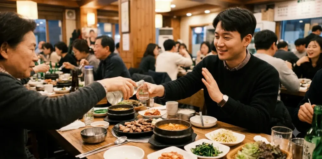 식후 더부룩함 예방 차원에서 억지로 권하는 술잔을 아주 정중하게 거절하는 모습
