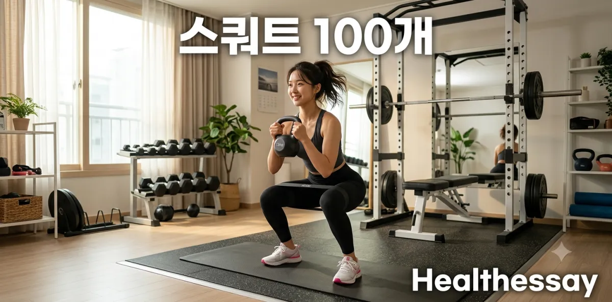 스쿼트 100개 효과를 극대화하기 위해 밝은 거실에서 땀 흘리며 운동하는 모습