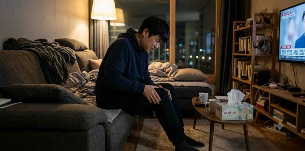초보자 스쿼트 올바른 자세를 지키지 않아 실내에서 욱신거리는 무릎을 감싸 쥔 모습