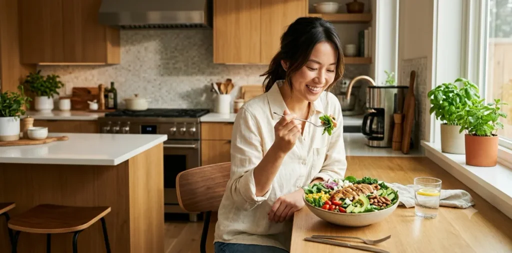 단기간 체지방 커팅 식단 관리를 위해 닭가슴살 샐러드를 아주 맛있게 섭취하는 장면