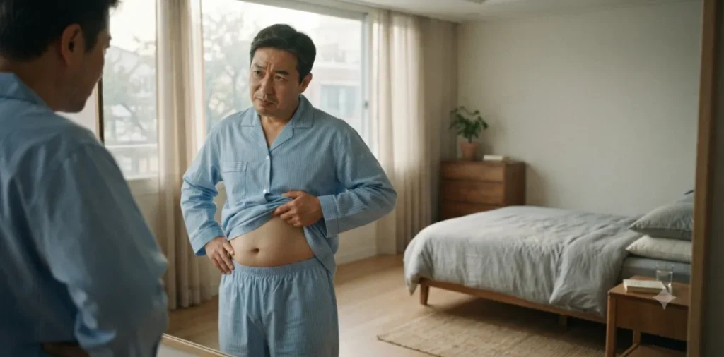 기초대사량 높이는 방법 5가지와 살 안 찌는 체질 만드는 방법 3 살 안 찌는 체질 개선을 위해 거울 앞에서 늘어난 복부 뱃살을 살피는 모습