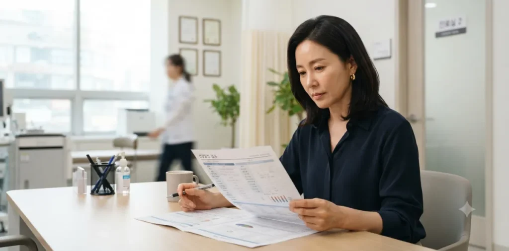 기초대사량 높이는 방법 5가지와 살 안 찌는 체질 만드는 방법 4 건강검진 대사증후군 결과를 확인하며 내 몸의 대사 상태를 꼼꼼히 점검하는 모습