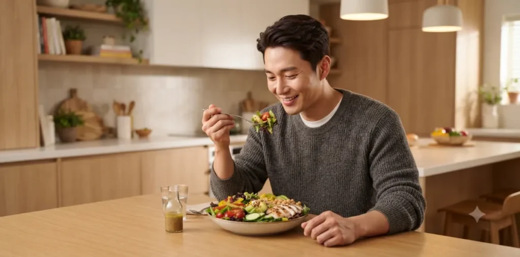 기초대사량 높이는 방법 5가지와 살 안 찌는 체질 만드는 방법 5 혈당 스파이크 방지 식단으로 신선한 채소 샐러드를 가장 먼저 꼭꼭 씹어먹는 모습