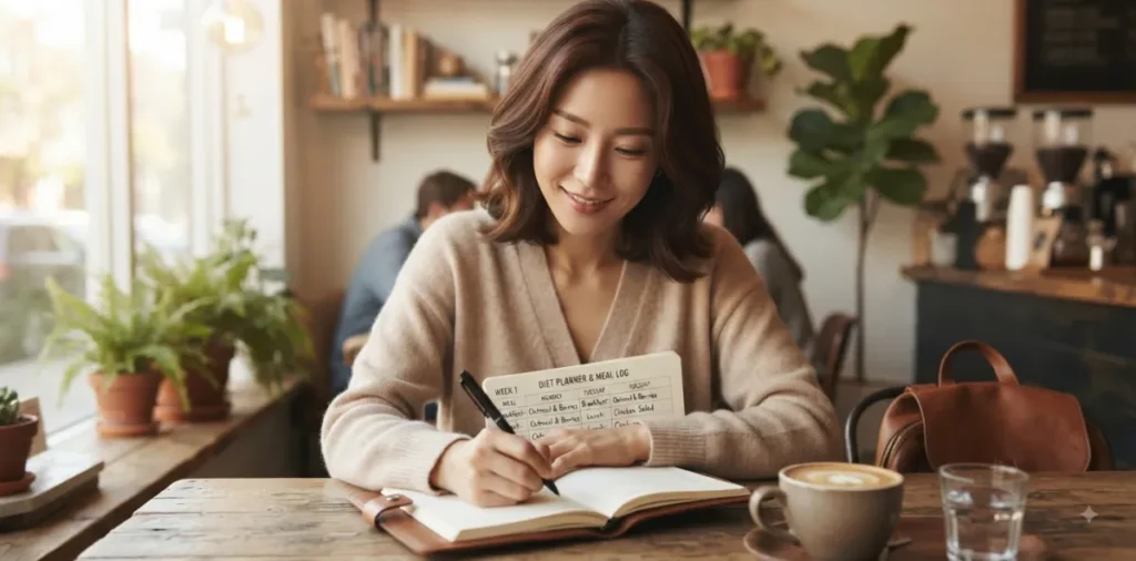 40대 다이어트 정체기 기간 탈출을 위해 노트에 상세한 식단 일지를 적는 모습