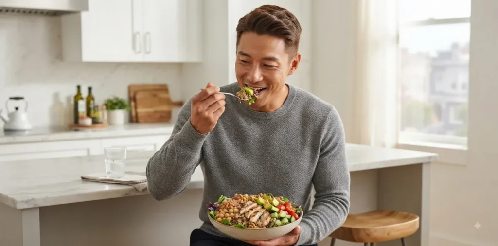 인슐린 저항성 다이어트 실천을 위해 신선한 통곡물 샐러드를 천천히 먹는 모습