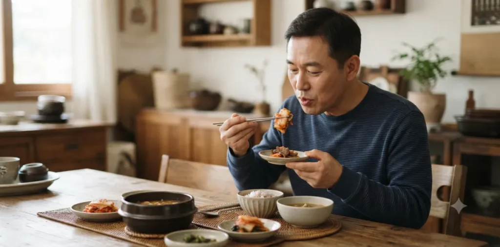 소화제 달고 살때 위장병을 고치기 위해 아주 천천히 식사를 하는 모습