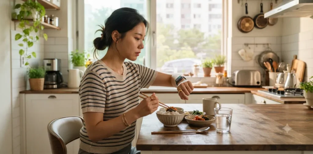 역류성 식도염 식습관 개선을 위해서 손목시계로 식사 시간을 재는 모습